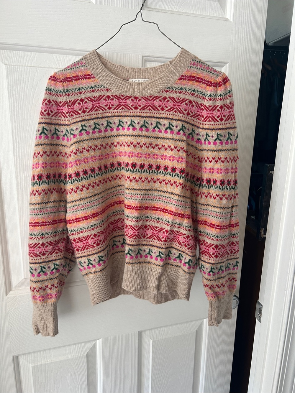 J. Crew Beige Fair Isle Crewneck with Pink & Green Motifs